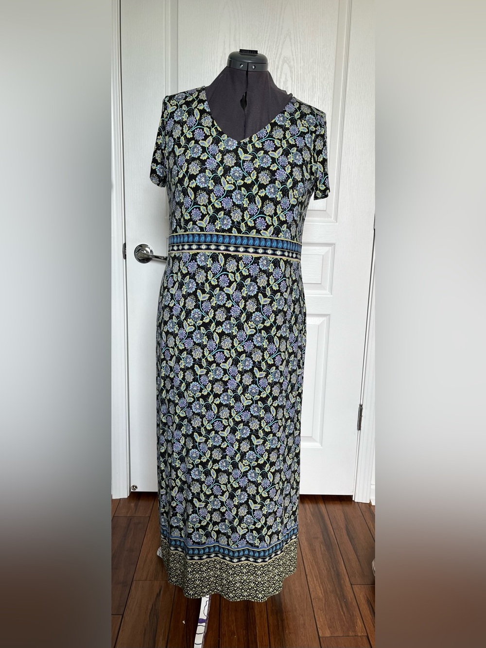 J. Jill Floral Black Maxi Dress with Blue Accented Waist